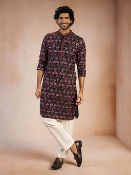 Vastramay - Men Black Floral Embroidered Viscose Silk Kurta and Pant