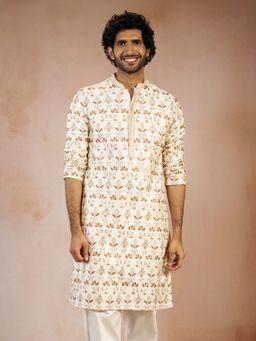 Vastramay - Men Cream All-Over Floral Embroidered Viscose Silk Straight Kurta