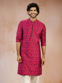 Vastramay - Men Falsa All-Over Floral Embroidered Viscose Silk Straight Kurta