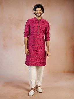 Vastramay - Men Pink Floral Embroidered Viscose Silk Kurta and Pant