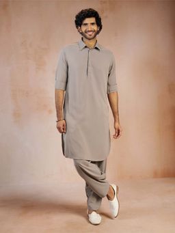 Vastramay - Men Grey Silk Blend Pathani Kurta and Patiala