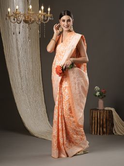 Akhilam - Womens Cotton Silk Orange Woven Design Designer Saree with Unstitched Blouse