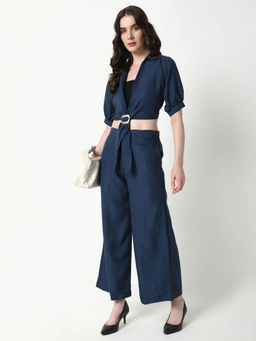 SHOWOFF - Women'S Navy Blue Solid Co-Ord with Bustier (Set of 3)