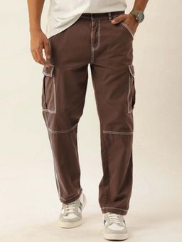 Bene Kleed - Men Brown Relaxed Fit Contrast Stitch Detail Pure Cotton Cargos
