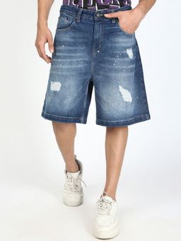 Bene Kleed - Men Blue Baggy Fit Paint Splatter Distressed Denim Shorts