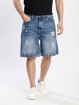 Bene Kleed - Men Mid Blue Distressed Baggy Denim Shorts