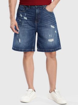 Bene Kleed - Men Dark Blue Distressed Baggy Denim Shorts