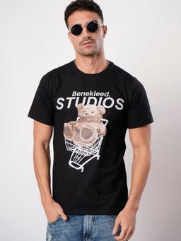 Bene Kleed - Men Black Crew Neck Half Sleeves Cotton Lycra T-Shirt