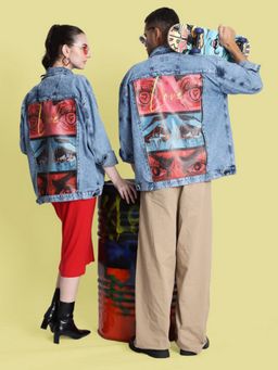 Bene Kleed - Unisex Blue Cotton Graphic Denim Jacket