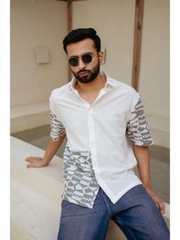 DRAGIT - Men White Linen Blend Abstract Shirt