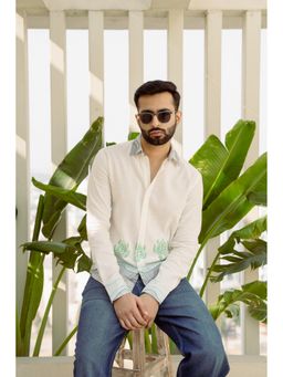 DRAGIT - Men White Linen Animal Print Shirt