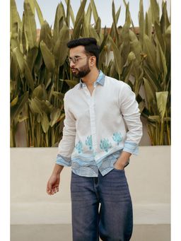 DRAGIT - Men White Linen Animal Print Shirt