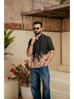 DRAGIT - Men Black Linen Graphic Shirt