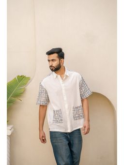 DRAGIT - Men White Linen Blend Abstract Shirt