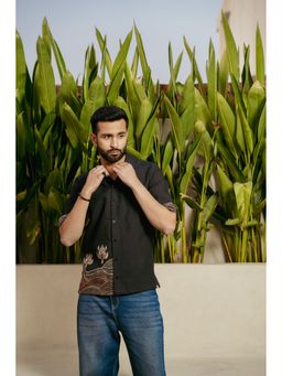 DRAGIT - Men Black Linen Animal Print Shirt