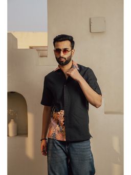 DRAGIT - Men Black Linen Graphic Shirt