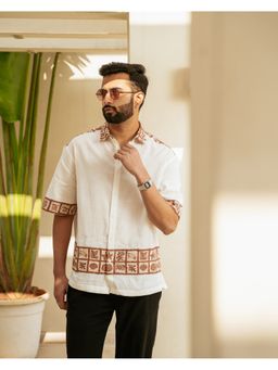 DRAGIT - Men White Linen Abstract Shirt