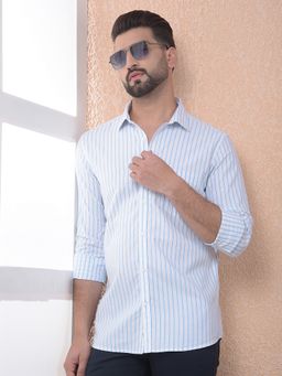 CRIMSOUNE CLUB - Men Blue Cotton Stripes Shirt