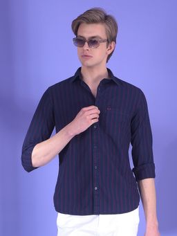 CRIMSOUNE CLUB - Men Navy Blue Cotton Stripes Shirt