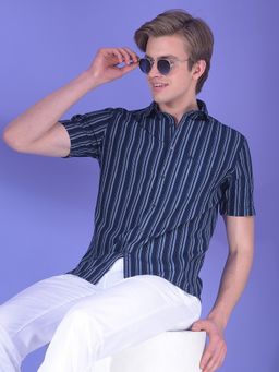 CRIMSOUNE CLUB - Men Navy Blue Cotton Stripes Shirt