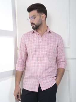 CRIMSOUNE CLUB - Men Peach Cotton Checks Shirt