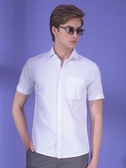 CRIMSOUNE CLUB - Men White Cotton Stripes Shirt