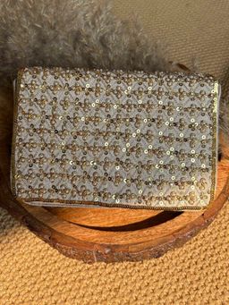 Fuchsia by Aashka Mehta - Gold Embellished Silk Clutch and Detachable Chain Strap