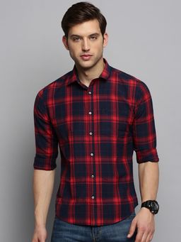 SHOWOFF - Mens Spread Collar Checked Navy Blue Classic Shirt