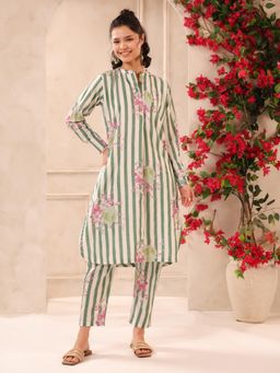 Gahan - White Green Stripes Printed Kurta & Pant