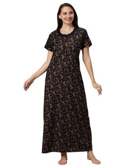 Quira - Womens Nightdress Poly Cotton Leaf Print Maxi Length Brown