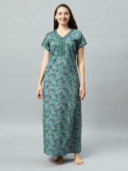 Quira - Womens Printed Poly Cotton Nightdress - Green