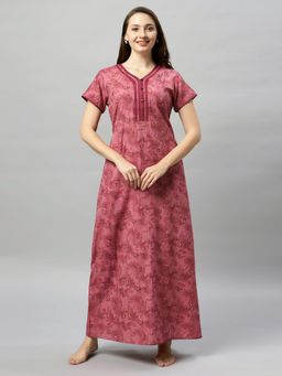 Quira - Womens Printed Poly Cotton Nightdress - Red