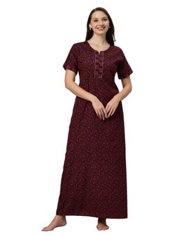 Quira - Womens Maroon Nightdress Poly Cotton Printed Short Sleeves
