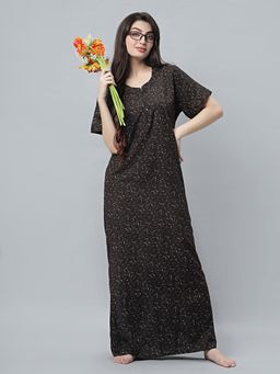Quira - Womens Coffee Cotton Blend Printed Nightdress - Half Sleeves