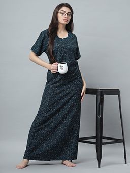 Quira - Womens Teal Blue Cotton Blend Printed Nightdress - Half Sleeves