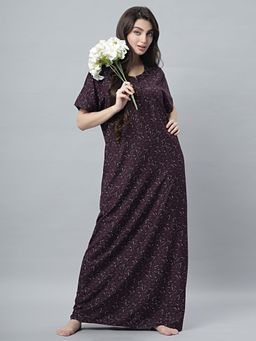 Quira - Womens Wine Cotton Blend Printed Nightdress - Half Sleeves