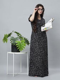 Quira - Womens Black Cotton Blend Printed Nightdress - Half Sleeves