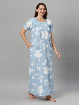 Quira - Womens Sky Blue Nightdress Poly Cotton Printed Maxi Length