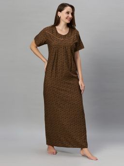 Quira - Womens Mustard Nightdress Poly Cotton Printed Maxi Length