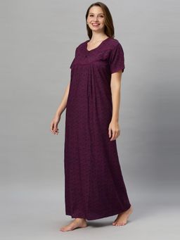 Quira - Womens Wine Nightdress Poly Cotton Printed Maxi Length