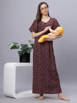 Quira - Comfortable Womens Full Length Cotton Blend Half Sleeves Nightdress Maroon