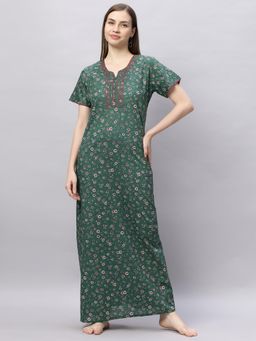 Quira - Comfortable Womens Full Length Cotton Blend Half Sleeves Nightdress Green