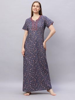 Quira - Comfortable Womens Full Length Cotton Blend Half Sleeves Nightdress Grey