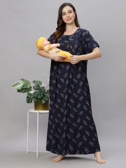 Quira - Comfortable Womens Full Length Cotton Blend Half Sleeves Nightdress Blue