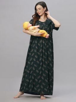 Quira - Comfortable Womens Full Length Cotton Blend Half Sleeves Nightdress Green