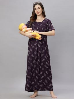 Quira - Comfortable Womens Full Length Cotton Blend Half Sleeves Nightdress Wine