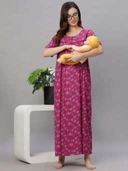 Quira - Comfortable Womens Full Length Cotton Blend Half Sleeves Nightdress Pink