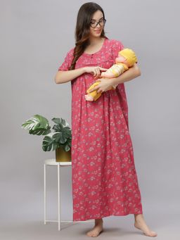 Quira - Comfortable Womens Full Length Cotton Blend Half Sleeves Nightdress Red