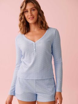 La Vie En Rose - Heart Print Pointelle Long Sleeve Top Blue