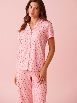La Vie En Rose - Spa Time Teddy Print Super Soft Button-Down Shirt Pink